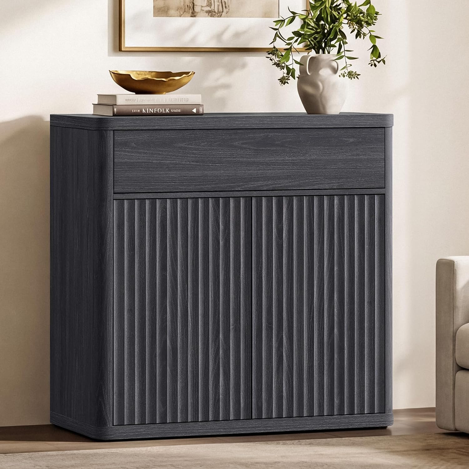 Credenza Office Storage - 34.6인치 모던 플루트형 사이드보드 뷔페 수납장(도어